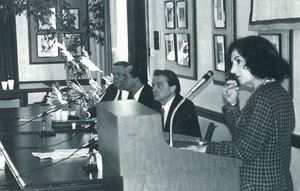 League President Phyllis Marchand speaks